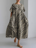 Women's Abstract Art Striped Print Vintage Linen Blend Dress elevenforest
