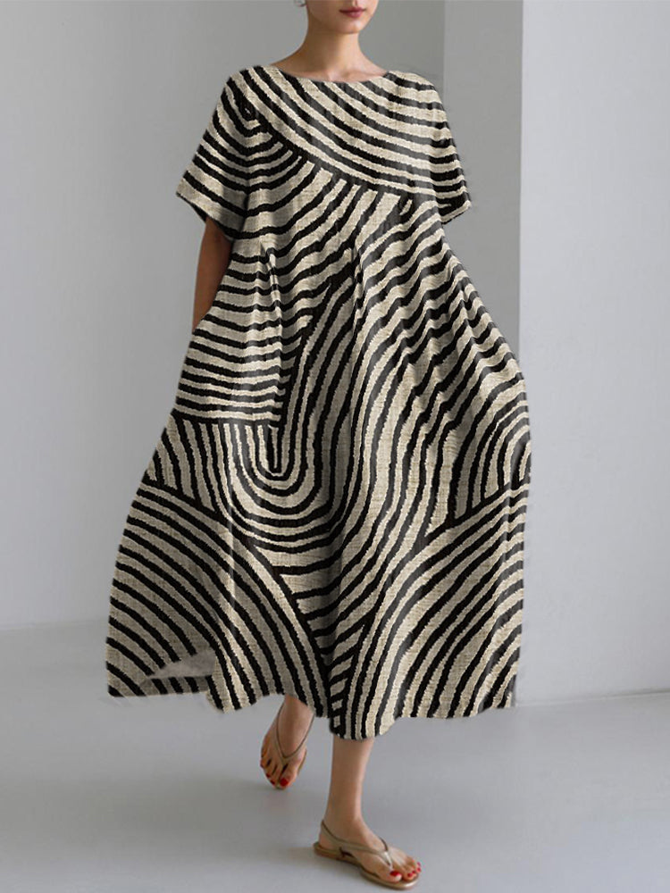 Women's Abstract Art Striped Print Vintage Linen Blend Dress elevenforest