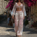 Women's Retro Rose Floral Lace Gradient Art Pocket Linen Casual Pants elevenforest