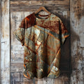 Women's Vintage Rust Art Print Round Neck Linen Blend Casual T-shirt elevenforest