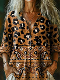 Women's Leopard Cashew Flower Trim Pattern Art Print Casual Cotton Lin