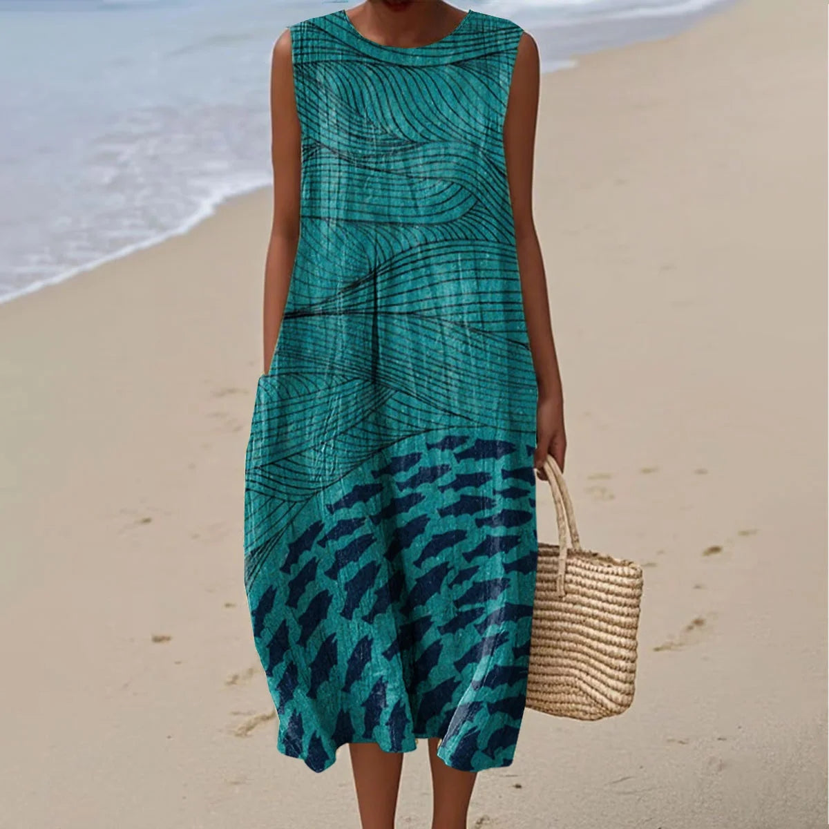 Women's Ocean Fish Art Linen Tank Dress elevenforest