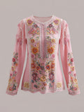 Women's Pink Floral Pink Embroidery Print T-shirt elevenforest