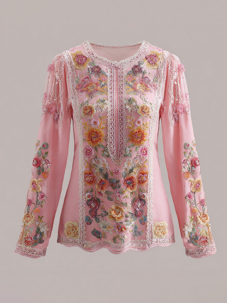 Women's Pink Floral Pink Embroidery Print T-shirt elevenforest