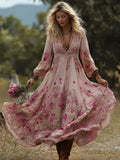 Vintage Boho Floral Pattern Flowy Linen Maxi Dress elevenforest