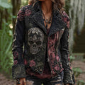 Rose Skull Embroidered Patchwork Gothic Rock Lapel Denim Jacket elevenforest