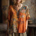 Bohemian-style Patchwork Dragonfly Three-dimensional Embroidery V-neck Short-sleeved Shirt elevenforest