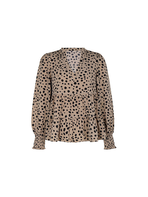 Long Sleeves Loose Elasticity Polka-dot Split-joint V-neck Blouses&shirts Tops