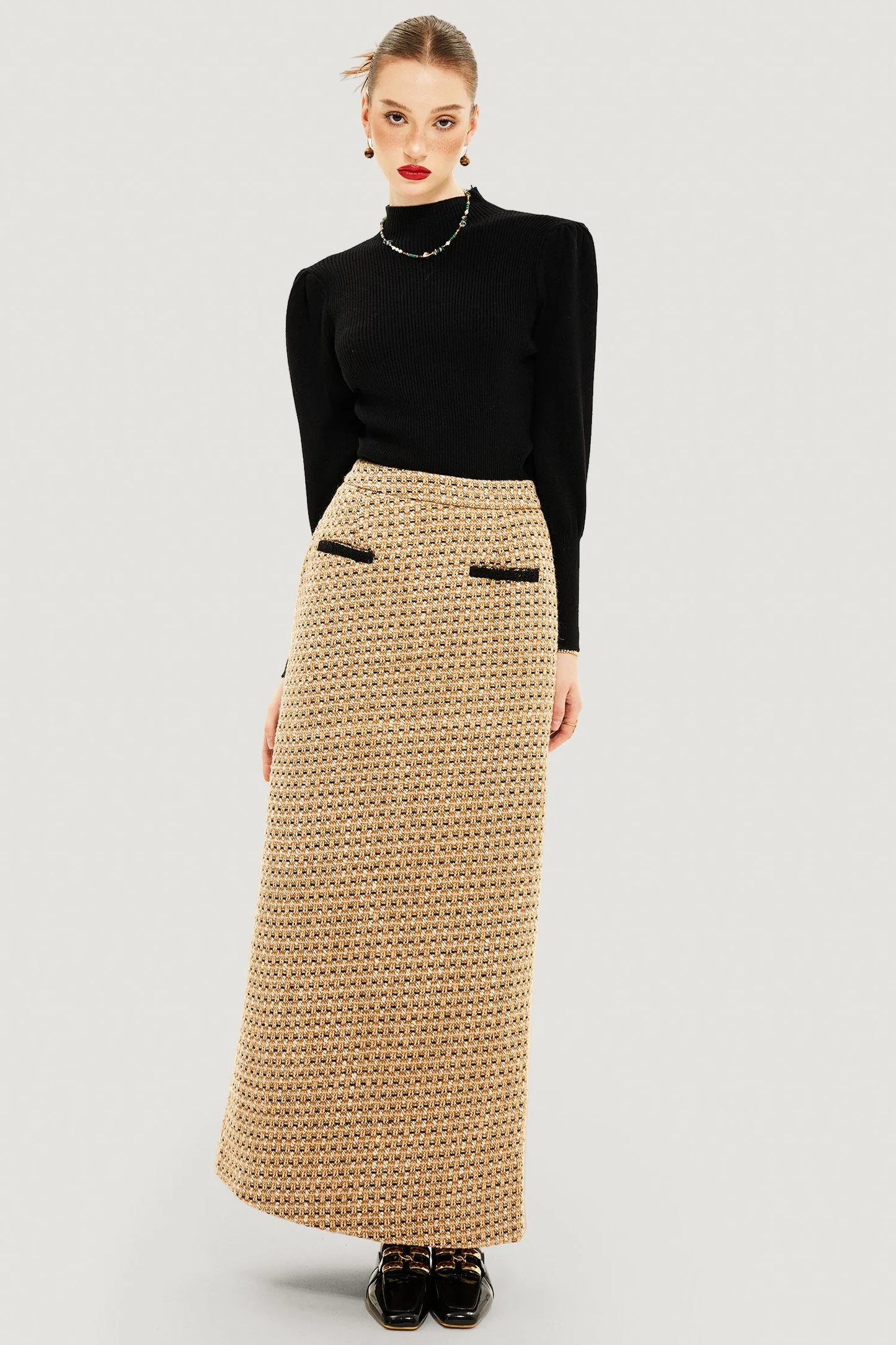 Tweed High Waist Split Maxi Skirt