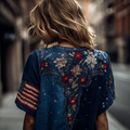 Women's Vintage Floral And Flag Embroidered V-neck T-shirt elevenforest