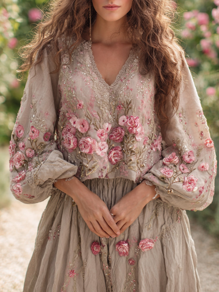 Bohemian Style Breast Cancer Awareness Pink Plant Flower Series Medieval Romantic Vintage V-neck Long-sleeved Top elevenforest