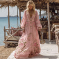 Women's Boho Style Rose Art Long-sleeved V-neck Dress elevenforest
