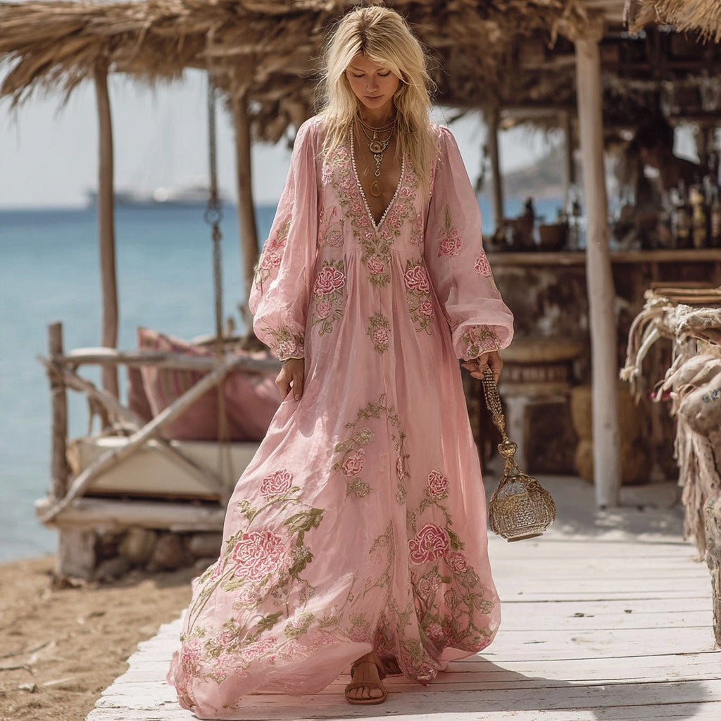 Women's Boho Style Rose Art Long-sleeved V-neck Dress elevenforest