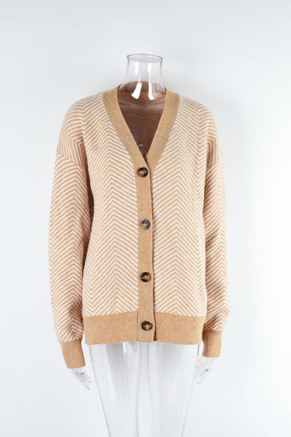 Autumn Winter Cardigan Sweater Color Matching Button Sweater Top V Neck Coat