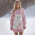 Women's Cute White Cat Rose Pattern Cozy Knit Mini Sweater Dress elevenforest