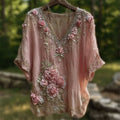 Vintage Pink Roses Fiber Art Lace Flowy Linen Tunic elevenforest
