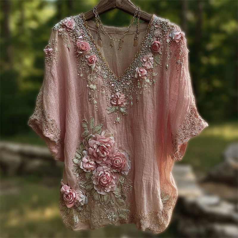 Vintage Pink Roses Fiber Art Lace Flowy Linen Tunic elevenforest