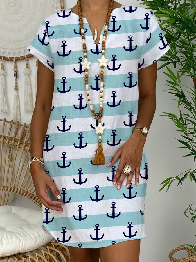 Women'S Boat Sight Print V Neck Short Sleeve Dress