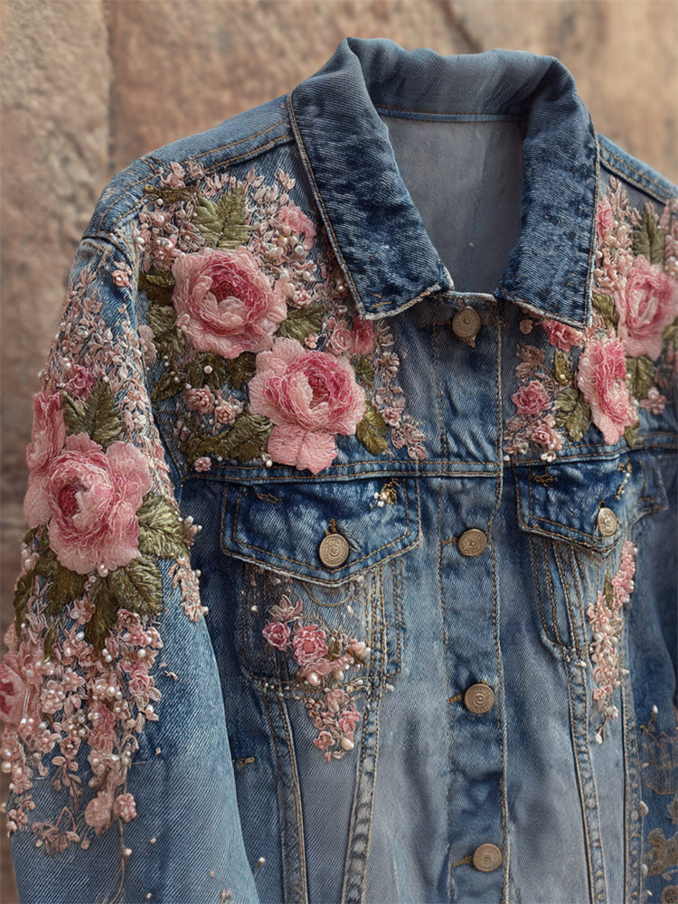 Boho Pink Roses Glitter Beaded Embroidered Washed Denim Jacket elevenforest