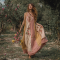 Women's Retro Bohemian Rose Pattern V-neck Dress elevenforest