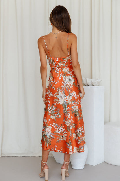 Printed Cami Slit Midi Dress Orange