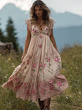 Vintage Boho Pink Roses Embroidered Lace Trim Flowy Linen Maxi Dress elevenforest