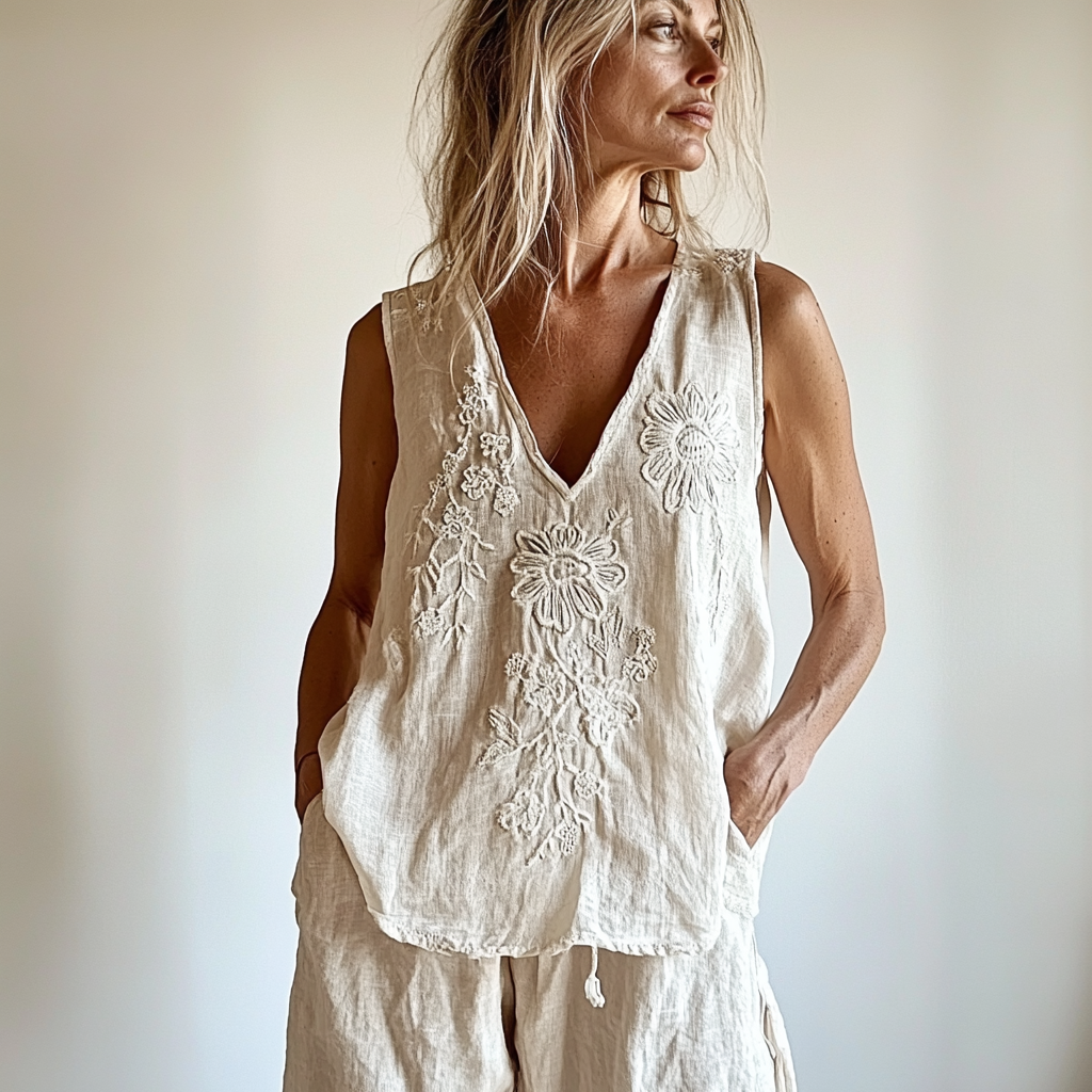 Women's Vintage Floral Pattern Cotton And Linen Vest elevenforest