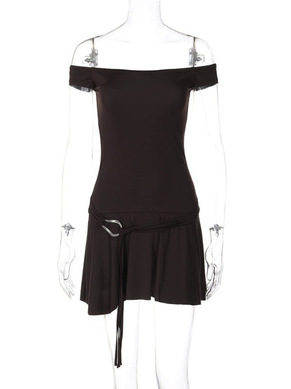 Taruxy Off Shoulder Sleeveless Strapless Mini Dress for Splice Flounced Edge Slim With Belt Club Party Dresses Female