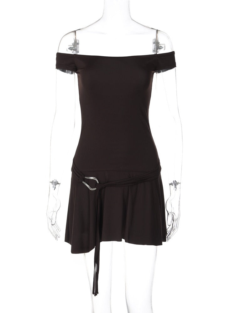 Taruxy Off Shoulder Sleeveless Strapless Mini Dress for Splice Flounced Edge Slim With Belt Club Party Dresses Female