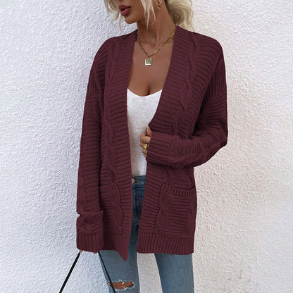 Sweater Autumn Winter New Twist Mid-length Pocket Knitted Cardigan Coat