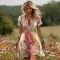 Women's Vintage Rose Floral Art Patchwork Comfy Midi Dress elevenforest