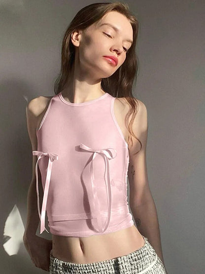 Pink Top Bow Crop Top Female Sleeveless Vests Y2k Fairy Grunge Summer Color Tube Top Baby Tees ’s Clothing