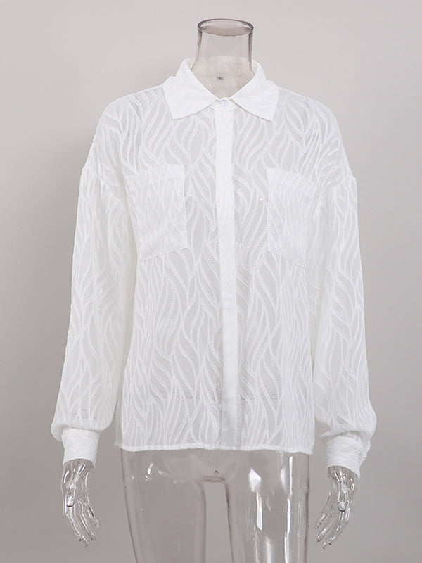 Long Sleeves Loose Buttoned Pockets See-through Color Split-joint Lapel Blouses&shirts Tops