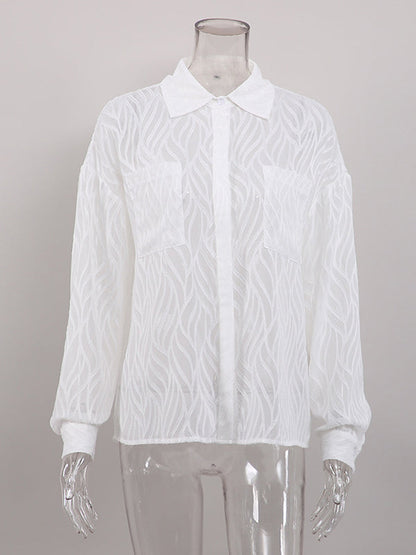 Long Sleeves Loose Buttoned Pockets See-through Color Split-joint Lapel Blouses&shirts Tops
