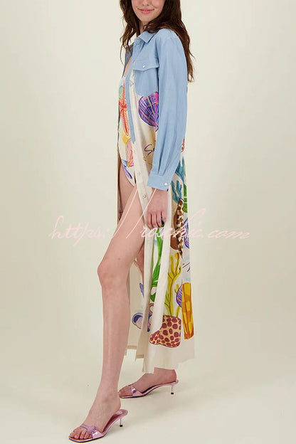 Take a Trip Marine Elements Unique Print Patchwork Pocketed Long Shirt Coat