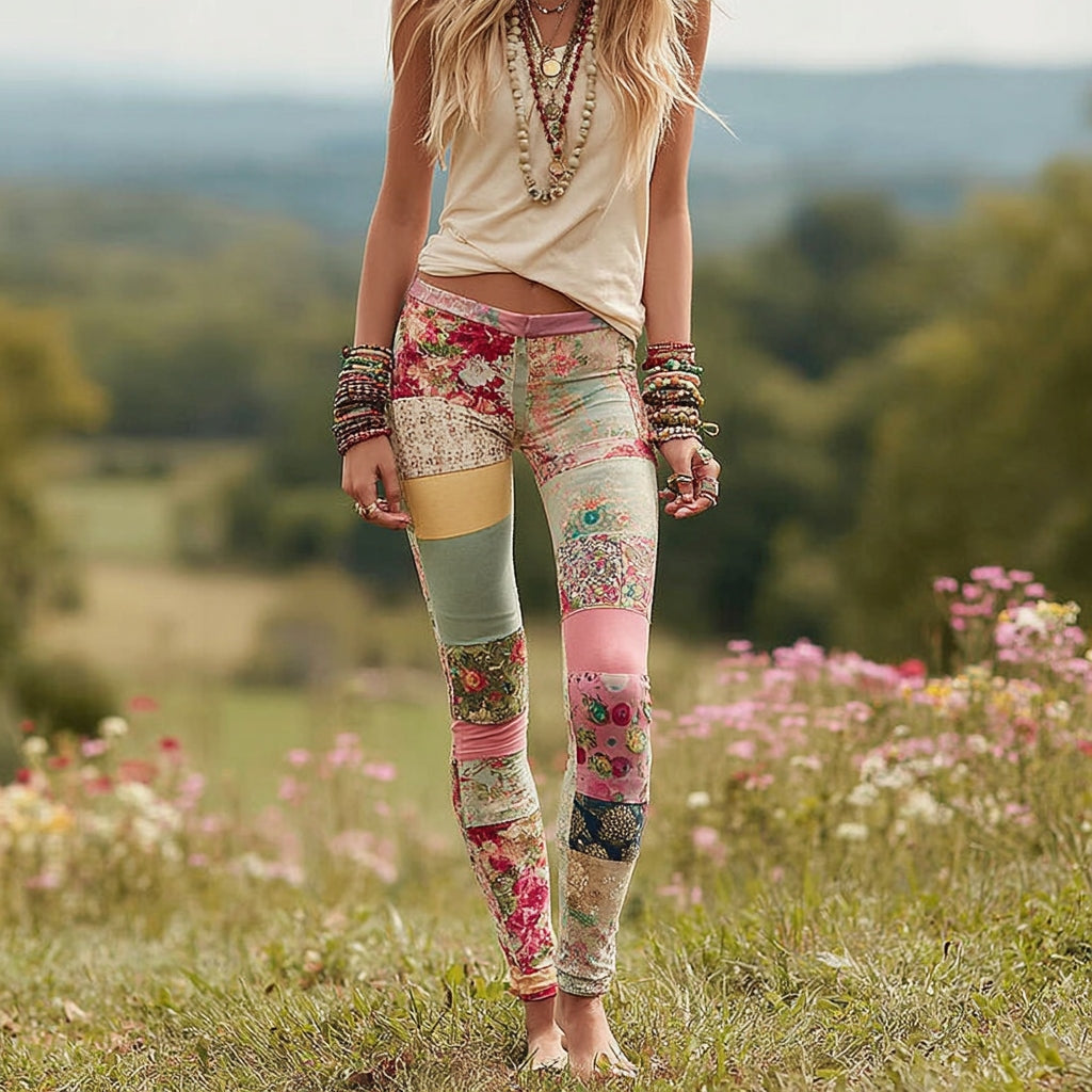 Floral Patchwork Print Casual Leggings elevenforest