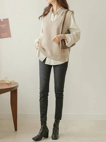 Loose Sleeveless Color V-neck Sweater Vest Outerwear
