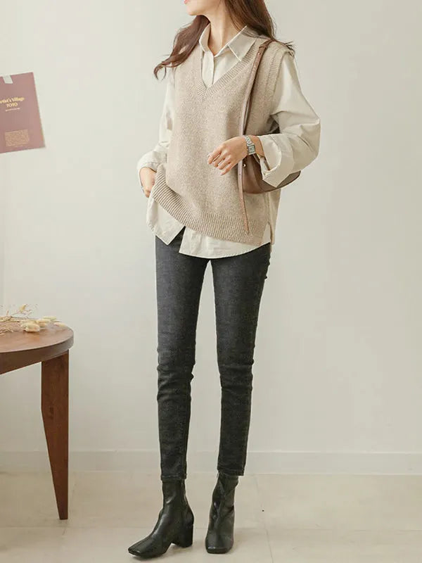 Loose Sleeveless Color V-neck Sweater Vest Outerwear