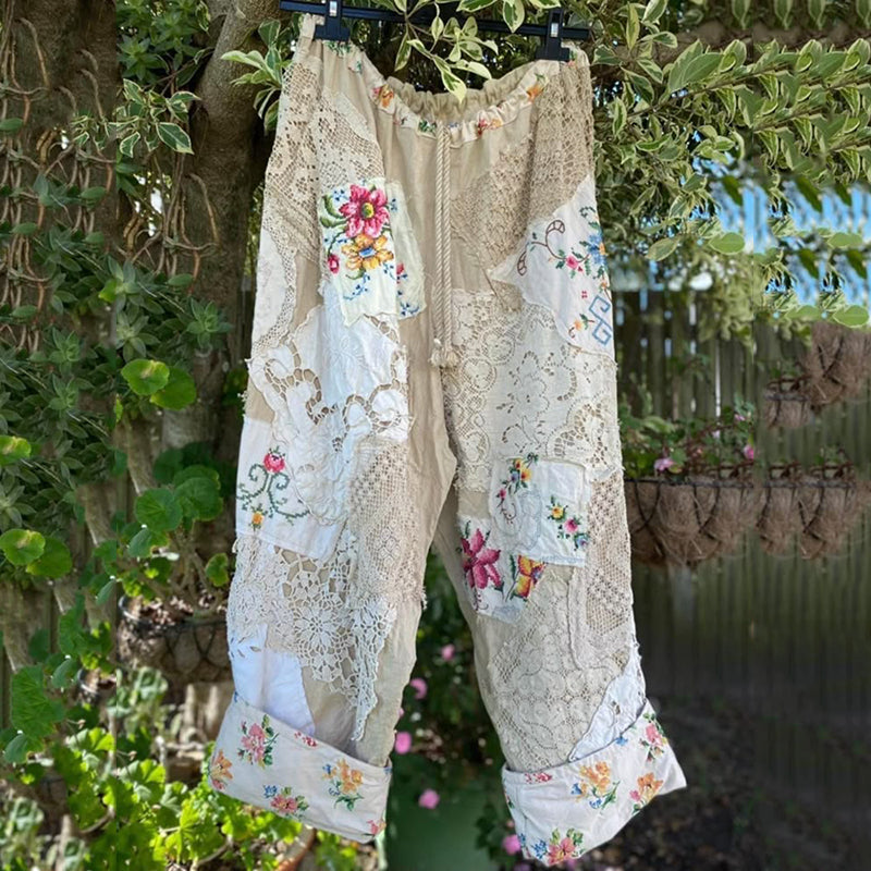 Comstylish Vintage Floral Lace Patchwork Fabric Casual Wide-leg Pants