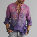 Men's Bohemian Style Purple Gradient Flower And Grass Embroidery Pattern Retro Cotton And Linen Short-sleeve Shirt elevenforest