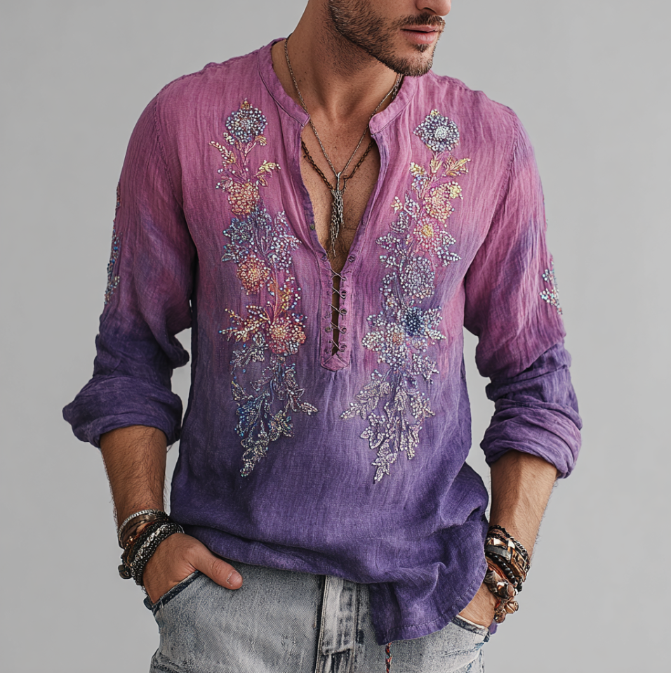 Men's Bohemian Style Purple Gradient Flower And Grass Embroidery Pattern Retro Cotton And Linen Short-sleeve Shirt elevenforest