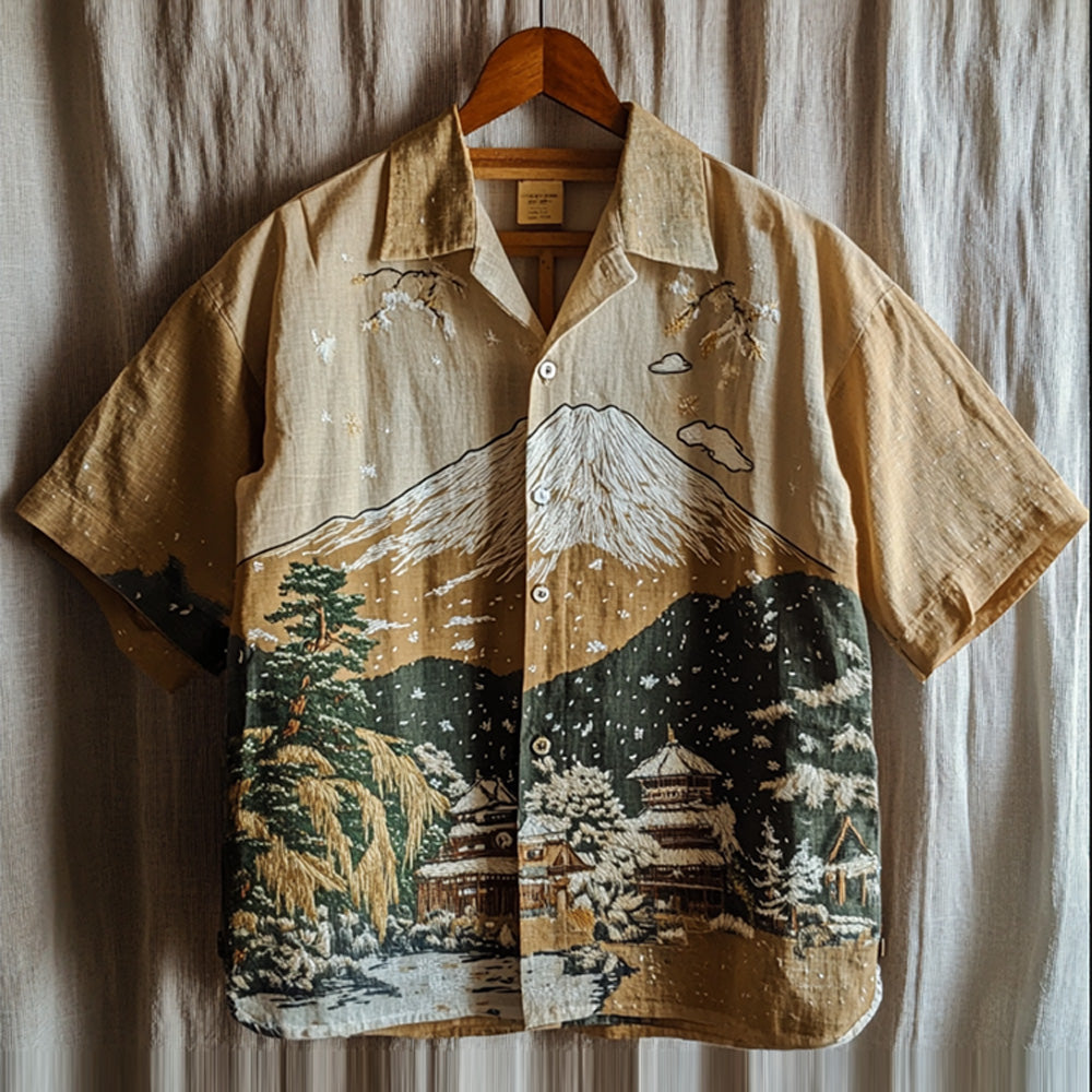 Snowy Mountain Landscape Retro Casual Short-sleeved Shirt elevenforest