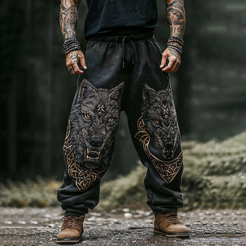 Men's Retro Viking Wolf Art Print Casual Pants elevenforest