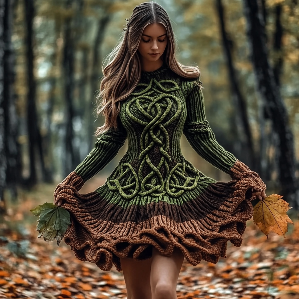 Women's Celtic Knotted Gradient Contrasting Colors Sweater Dress elevenforest