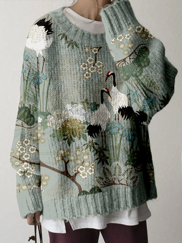 Comstylish Japanese Crane Garden Art Cozy Knit Sweater