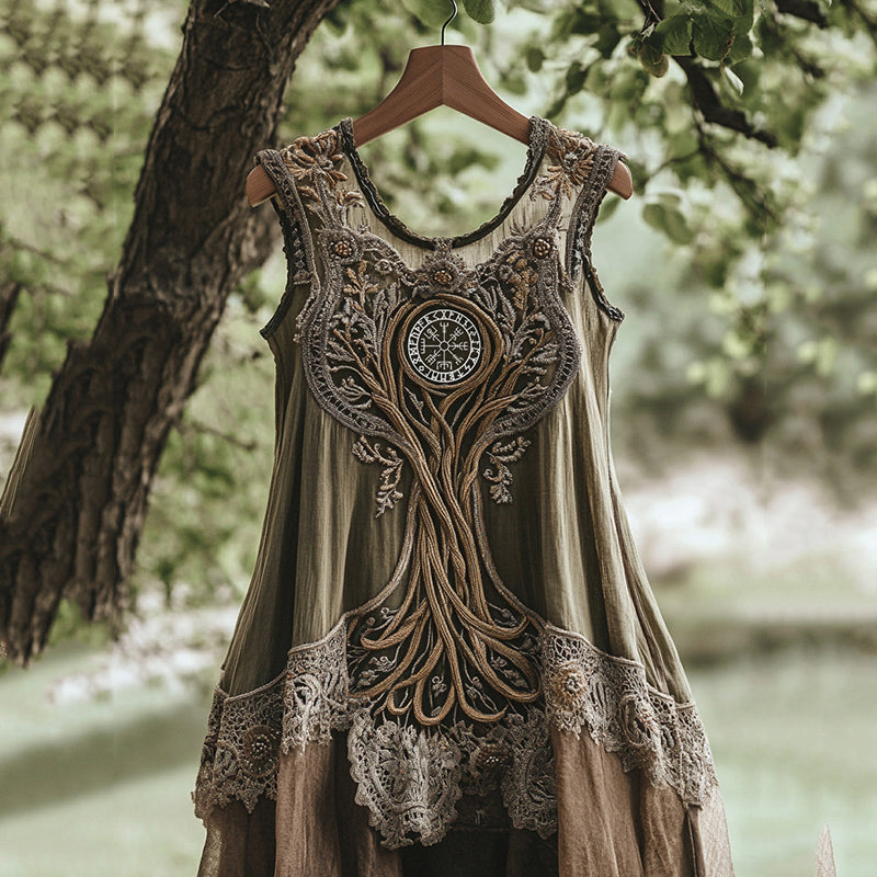 Women's Vintage Viking Tree Of Life Rune Comfort Long Dress elevenforest