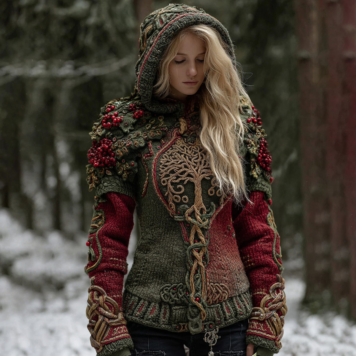 Comstylish Women's Celtic Tree Of Life Christmas Tree Knit Hooded Sweater