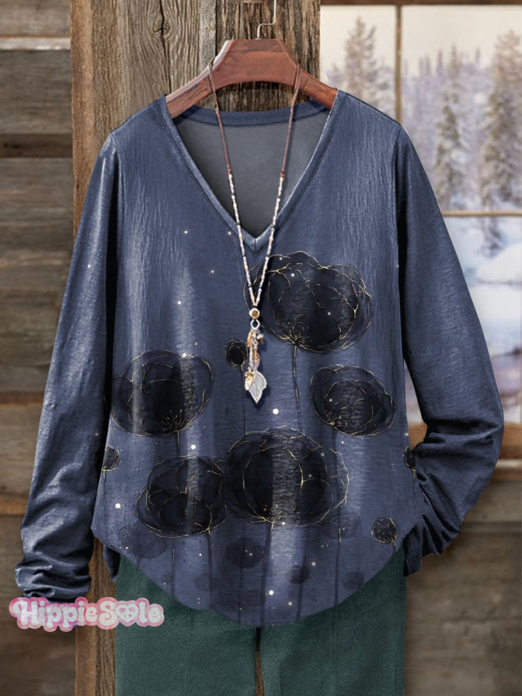 Women's Vintage Floral Art Print 100% Cotton Casual V-neck Long Sleeve
