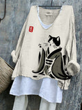 Japanese Style Cat In Kimono Women's Linen Shirt