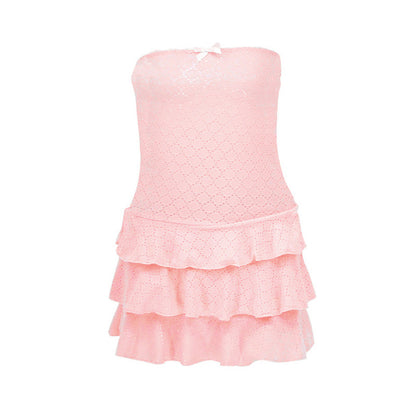 Taruxy Strpless Frill Tank Dress for Y2k Ribbed Knit Slim Vest Mini Dress Ruffled Bodycon Dresses Summer New